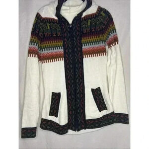 Peruvian Women's Alpaca White Multi Cardigan Handmade Sweater‎ Zip-up size: L
